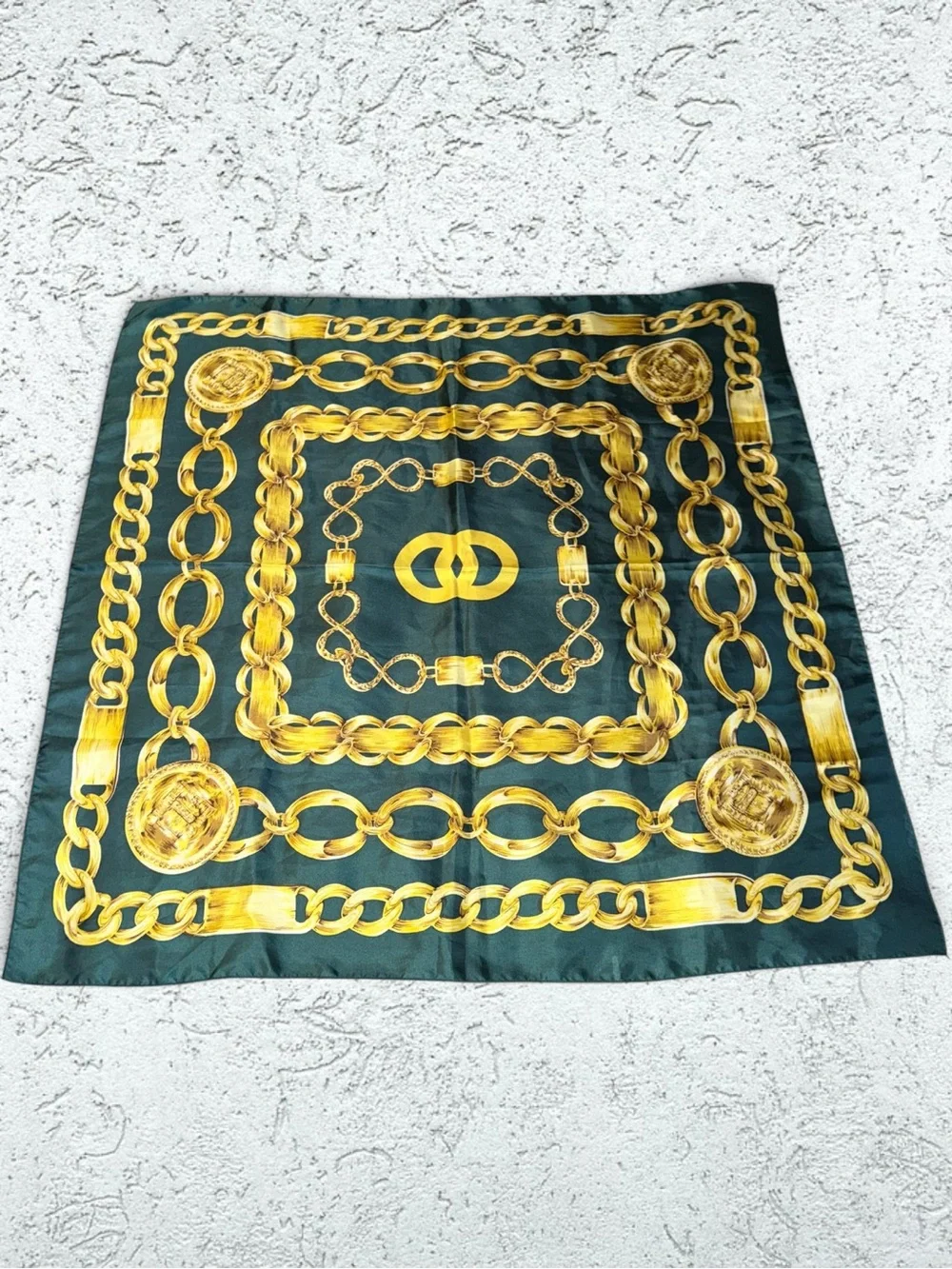 🌻Luxury-Inspired Green and Gold Chain Print Silk Scarf-Bandanna Style